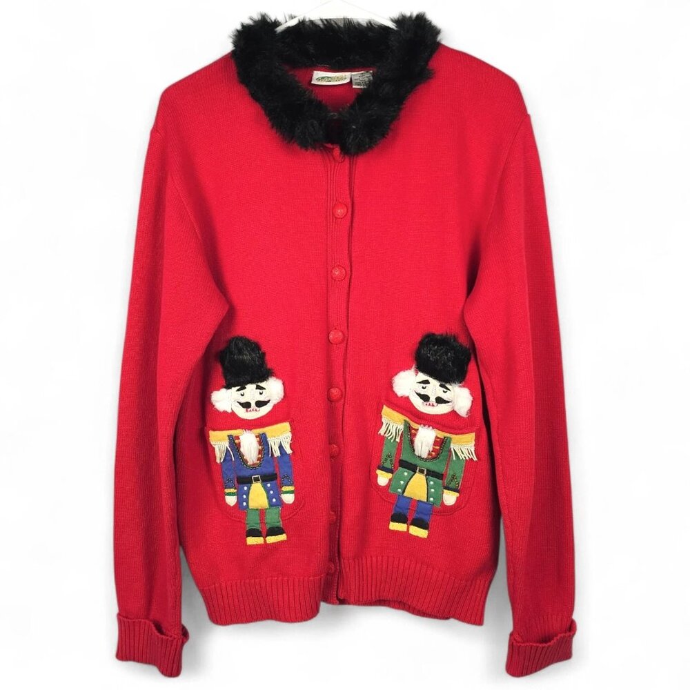 VTG Collections Etc Nutcracker Christmas Cardigan M Red Faux Fur Ugly Sweater
